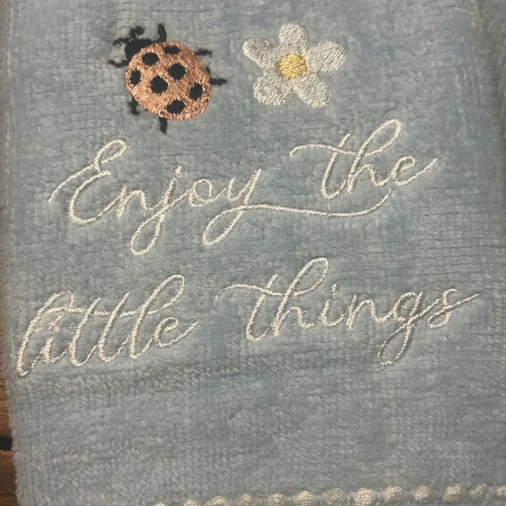 Lady Bug Daffodil Finger Tip Towel Set of 2 Embroidered Light Blue Terry Cloth